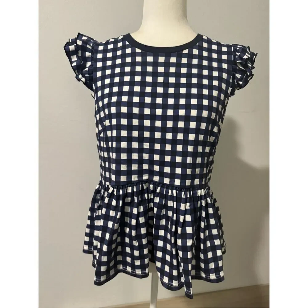 Kate Spade blue white gingham peplum blouse flutter sleeve M